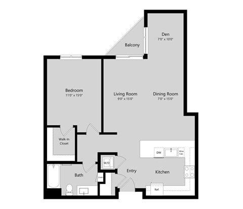 Floor plan for 1 bed, 1 bath, 999 sqft